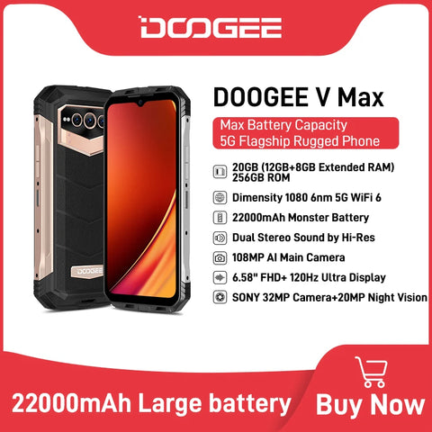 DOOGEE V Max 5G, 12 Go RAM + 256Go ROM, Caméra 108MP, batterie 22000mAh, dimensity 1080, haute résolution 120Hz