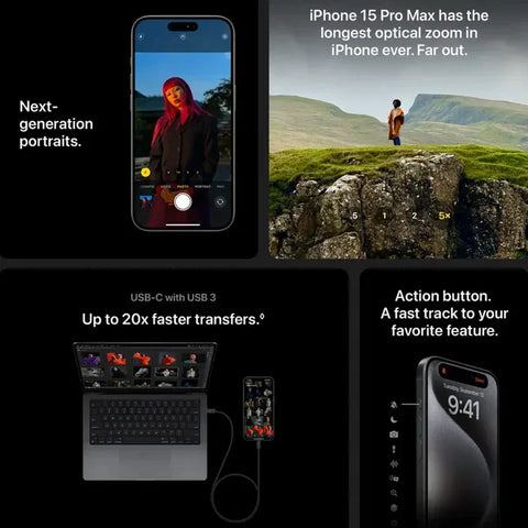 Apple iPhone 15 Pro (A3104) 128 Go ROM, 6.1", 120Hz, A17 Pro, Hexa-Core, 1290x2796 pixels, 20W, IP68, Touriste, double cartes SIM, Triple Caméra 48MP, iOS17, Original