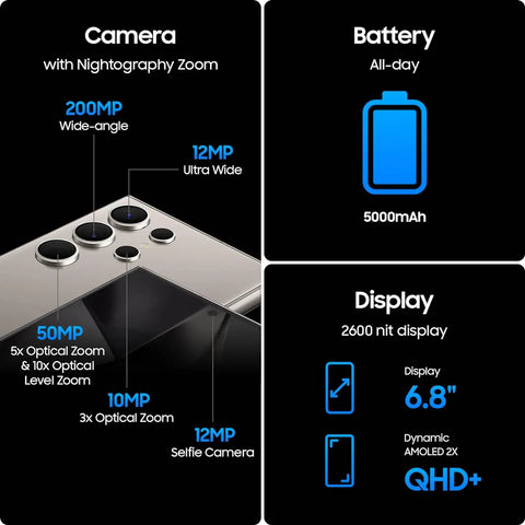 Samsung Galaxy S24 Ultra 5G, samartphone, 12Go RAM+ 256 Go/512Go ROM, Snapdragon 8, Isabel 3, écran LTPO AMOLED 120Hz, caméra frontale 12MP, 4 caméras arrières 200MP+50MP+10MP+12MP, IP68, nouveau, version 2024, Original