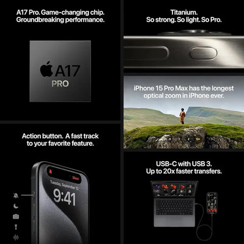 Apple iPhone 15 Pro (A3104), 6.1", 128/256/512/1T Go ROM, 120Hz, A17 Pro, Hexa-Core, 1290x2796 pixels, 20W, IP68, Touriste, double cartes SIM, Triple Caméra 48MP, iOS17, Original