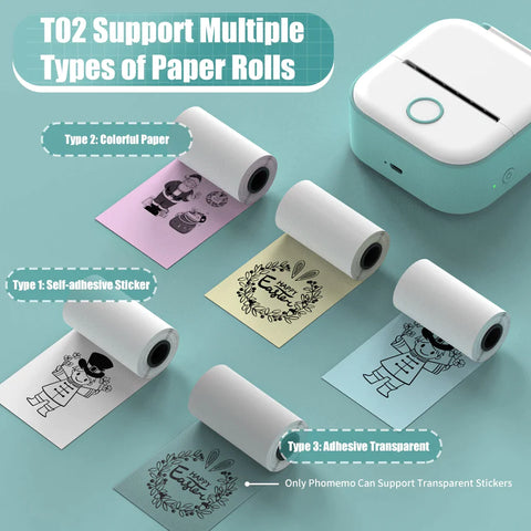 Mini imprimante Phomemo T02 de poche thermique sans fil portable, 9 rouleaux papier, autocollants, auto-adhésifs, utilisation pour le bricolage, autocollant de journal, standard