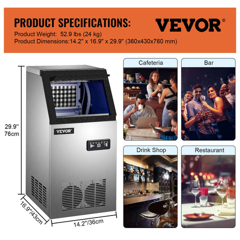 Machine à glaçons commerciale VEVOR pour cafétéria, bar, 30-60kg